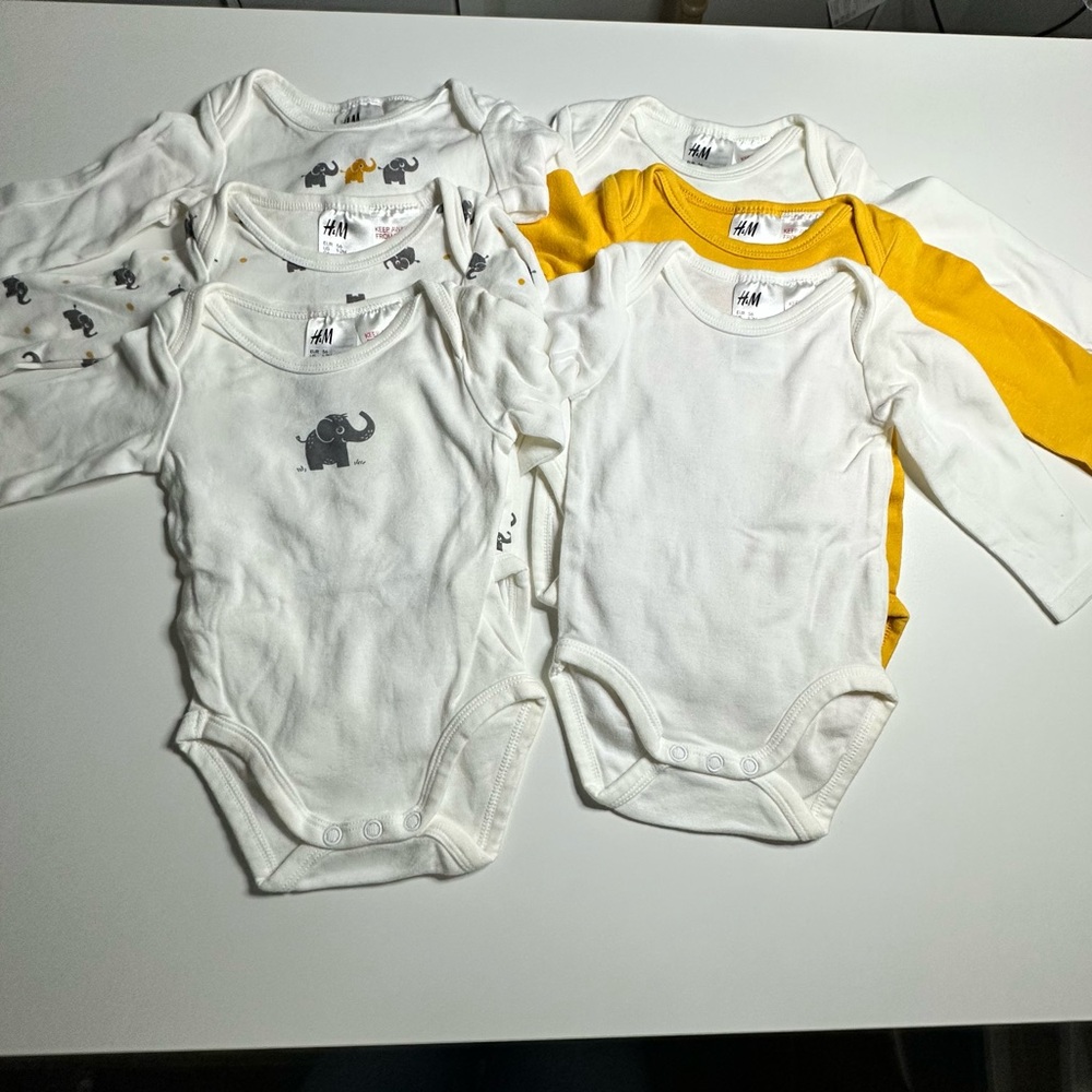 LOT of 6 H&M Kids White and Yellow Bodysuits with Elephant Design 1-2M